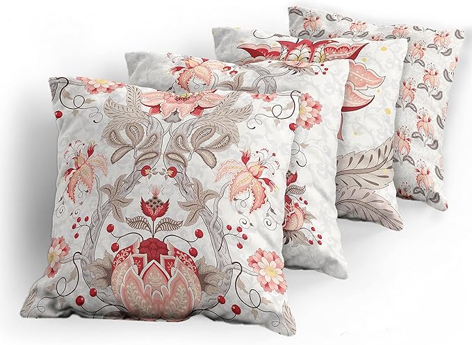 Ambesonne Vintage Throw Pillow Cushion Case Pack of 4, Ethnic Folkloric Flower Motifs in Neutral Tones Nostalgic Floral, Modern Accent Double-Sided Digital Printing, 24", Salmon Vermilion