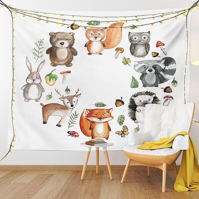Lunarable Woodland Tapestry, Animals of The Forest Mushrooms Acorns Circular Frame Cartoon Pastel Colors, Wall Hanging for Bedroom Living Room Dorm Decor, 60" X 80", Multicolor