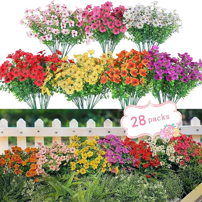 28 Bundles Silk Daisy Fake Plants Faux Flowers UV Resistant Fake Bushes Plastic Artificial Flowers Faux Outdoor Indoor Plants for Spring Summer Decoration (7 Colors)