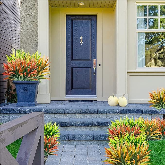 8 Pcs Outdoor Fake Plants UV Resistant Artificial Tropical Plants Flowers Faux Garden Grass Plants Décor Fall Winter Summer Planters Patio Front Door Porch Plastic Bushes & Shrubs Decoration
