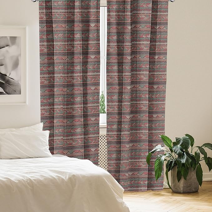Ambesonne Boho Window Curtains, Hand Drawn Inspired Print of Triangles Colorful Latin American Folklore Motifs, Lightweight Decor 2-Panel Set with Rod Pocket, Pair of - 28" x 95", Maroon Coral