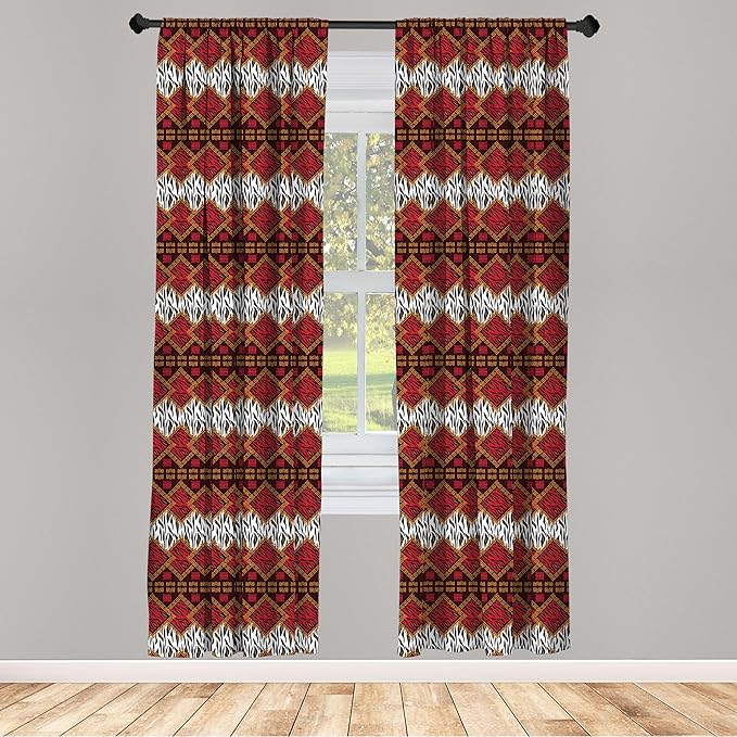 Ambesonne Savannah Curtains, Animal Skin Stripes as Diamond Shapes Pattern Wild Life Concept Native Art, Window Treatments 2 Panel Set for Living Room Bedroom, Pair of - 28" x 63", Red Brown