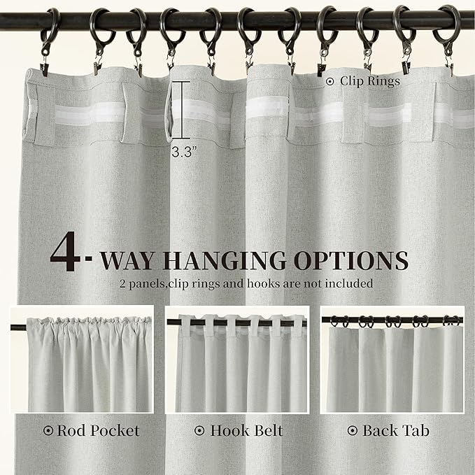 KangBang 90 Inch Linen Textured Curtains Blackout for Bedroom, Room Darkening Thermal Insulated Neutral Scandinavian Style Curtains, Back Tab Hook Belt Pleated Drapes(Greyish White,52Wx90L,2 Panels)