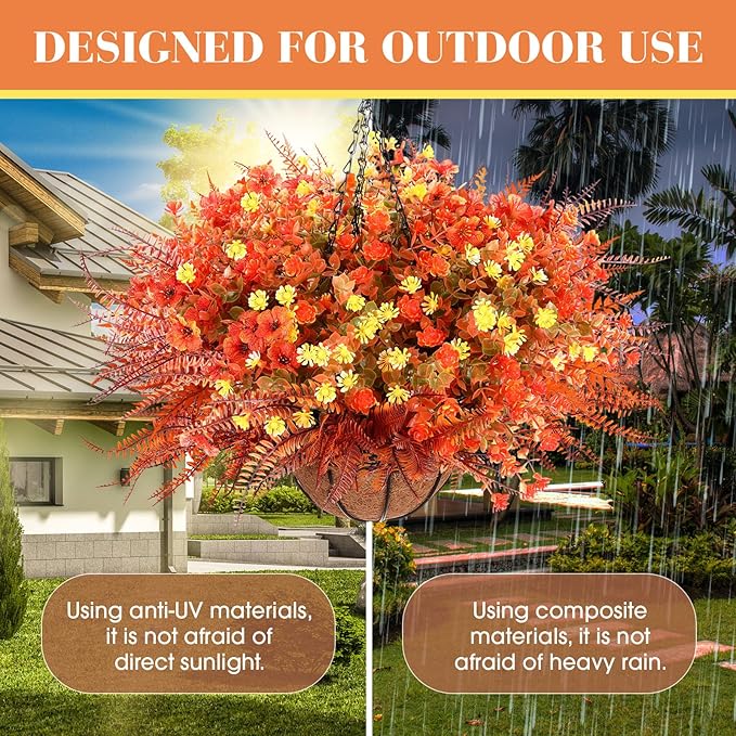 3 Set Artificial Fake Fall Hanging Flowers Plants Basket Outdoors Faux Hanging Baskets with Fall Flowers UV Resistant for Outside Yard Patio Garden Balcony Patio Porch Autumn Decor