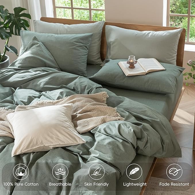 MooMee Bedding Duvet Cover Set 100% Washed Cotton Linen Like Textured Breathable Durable Soft Comfy (Heathered Green, Cal King 104"x98")