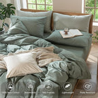 MooMee Bedding Duvet Cover Set 100% Washed Cotton Linen Like Textured Breathable Durable Soft Comfy (Heathered Green, Full 80"x90")