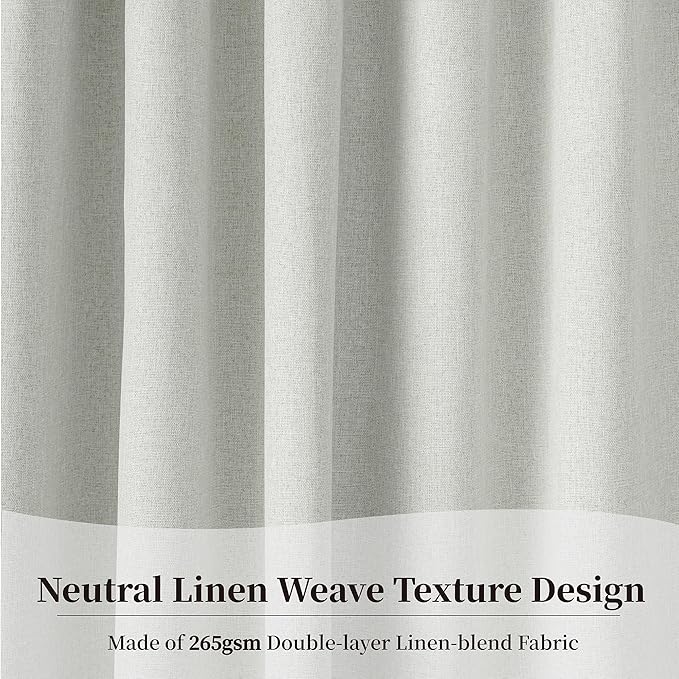 KangBang 90 Inch Linen Textured Curtains Blackout for Bedroom, Room Darkening Thermal Insulated Neutral Scandinavian Style Curtains, Back Tab Hook Belt Pleated Drapes(Greyish White,52Wx90L,2 Panels)
