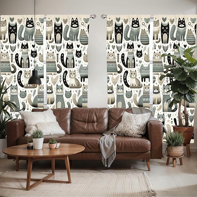 Ambesonne Cats Window Curtains Pack of 2, Modern Scandinavian Inspired Innocent Kitten Pattern with Leafy Details, Lightweight Set with Rod Pocket, 4 Panels of - 28" x 84", Pale Teal Pale Khaki Grey