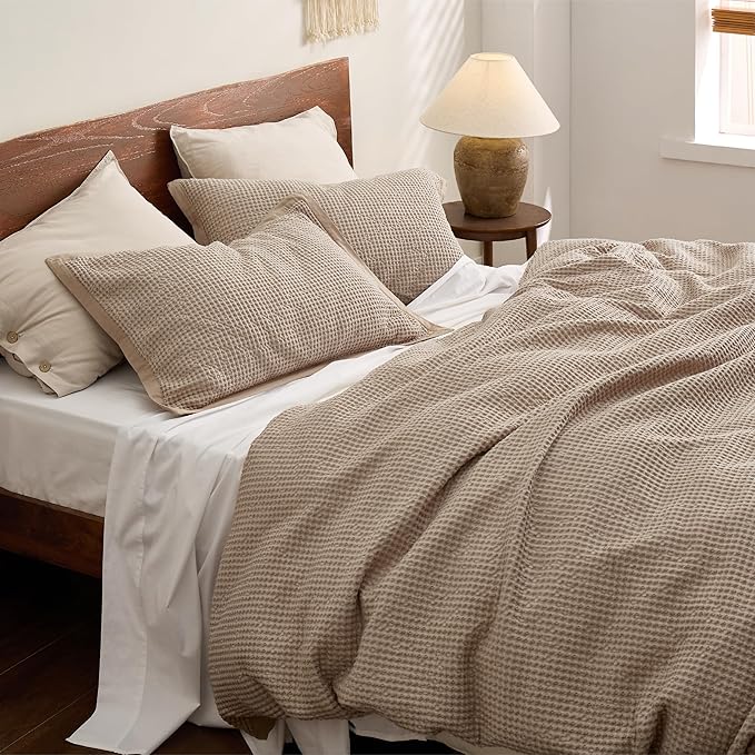 Bedsure Cotton Duvet Cover Set - 100% Cotton Waffle Weave Khaki Duvet Cover California King Size, GentleSoft™ and Breathable Cal King Tan Bedding Set for All Season, 3 Pieces, 104"x98"