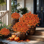 Artificial Fall Flowers Outdoor Fake Mums - 16 Bundles Fake Plants UV Resistant No Fade Faux Plastic Greenery Garden Porch Patio Fall Home Decor (Orangegreen)