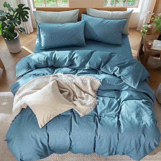 MooMee Bedding Duvet Cover Set 100% Washed Cotton Linen Like Textured Breathable Durable Soft Comfy (Heathered Peacock Blue, Oversized Queen 98"x98")