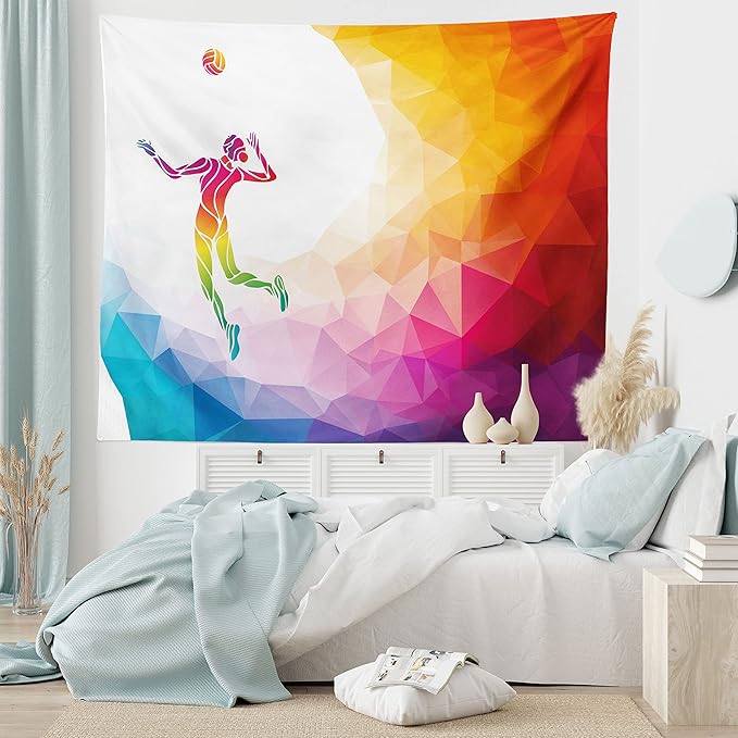 Lunarable Volleyball Tapestry, Colorful Polygonal Background Triangles Jumping Woman Striking The Ball, Wide Wall Hanging for Bedroom Living Room Dorm, 60" X 40", Purple Blue