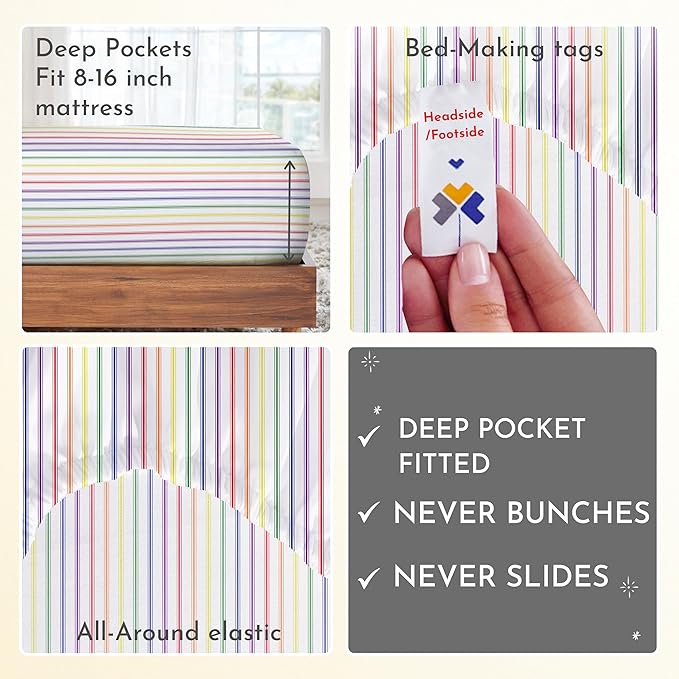 California Design Den Striped Queen Sheet Set - 400 Thread Count Sateen, Natural 100% Cotton Sheet Set Queen Size, Deep Pocket Cooling and Durable Bedding - Rainbow Striped