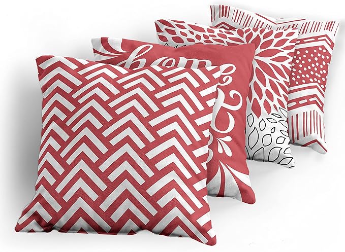 Ambesonne Geometric Throw Pillow Cushion Case Pack of 4, Home Phrase Minimal Zigzag Squama Dahlia Flower Petals Chevron Tribal, Modern Accent Double-Sided Digital Printing, 20", Dark Coral and White