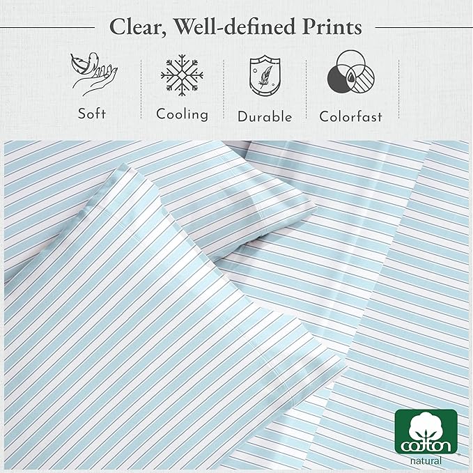 California Design Den Queen Sheet Set - 400 Thread Count Sateen, Natural 100% Cotton Bed Sheets Queen Size, Deep Pocket Cooling and Durable Bedding - Cape Stripe