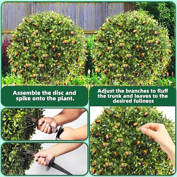 27.5" Artificial Olive Boxwood Topiary Ball Tree, Set of 2 Fake Bushes Shrubs with Ground Spike, UV Resistant Faux Evergreen Boxwood Plants for Outdoor Indoor Planters Front Porch Garden Decor