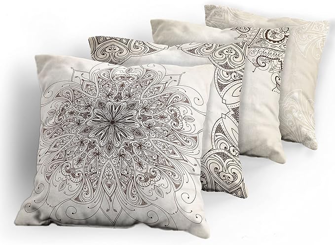 Ambesonne Ethnic Throw Pillow Cushion Case Pack of 4, Mandala Design Cultural Folkloric Motifs Swirling Floral Style Art Illustration, Modern Accent Double-Sided Digital Printing, 18", Eggshell Brown