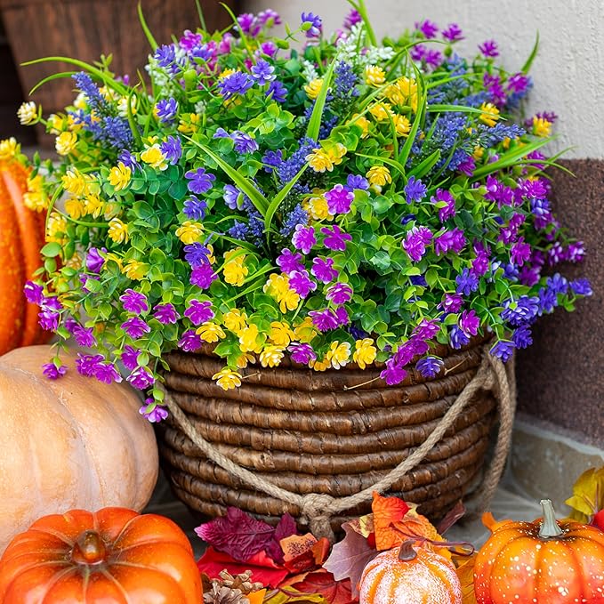 Artificial Flowers Outdoor Fake Plants - 12 Bundles UV Resistant Shrubs No Fade Faux Plastic Greenery Home Garden Porch Patio Decoration Indoor (1, Multi-12pcs)