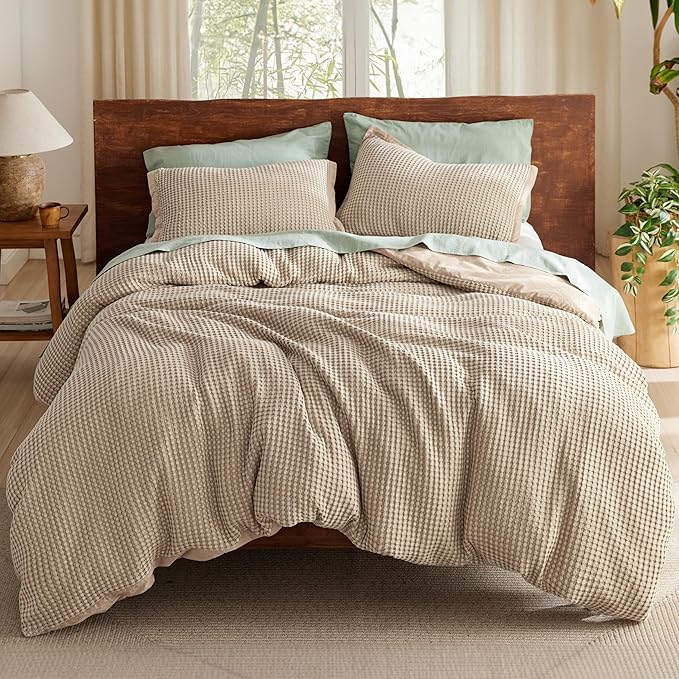 Bedsure Cooling Waffle Duvet Cover Queen - Cotton Blend Rayon Derived from Bamboo Duvet Cover Set for Hot Sleepers, Breathable Bedding Set with a Vintage Charm, 3 Pieces (Taupe, Queen, 90"x90")