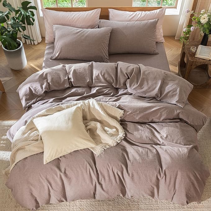 MooMee Bedding Duvet Cover Set 100% Washed Cotton Linen Like Textured Breathable Durable Soft Comfy (Heathered Mauve Brown, Twin 68"x90")