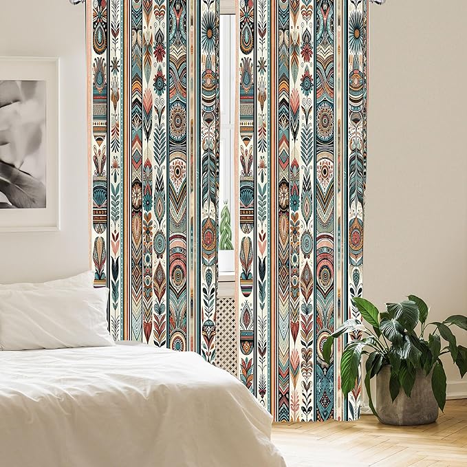 Ambesonne Ethnic Curtains, Folkloric Style Floral Ornaments with Bohemian Oriental Motifs as Stripes, Window Treatments 2 Panel Set for Living Room Bedroom, Pair of - 28" x 84", Teal Coral and Orange