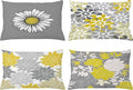 Ambesonne Floral Throw Pillow CushiCase Pack 4, Flower Petals Modern Color Palette Chamomile Peony Dahlia Sunflower Print, Modern Accent Double-Sided Digital Printing, 20" x 12", Yellow and Grey