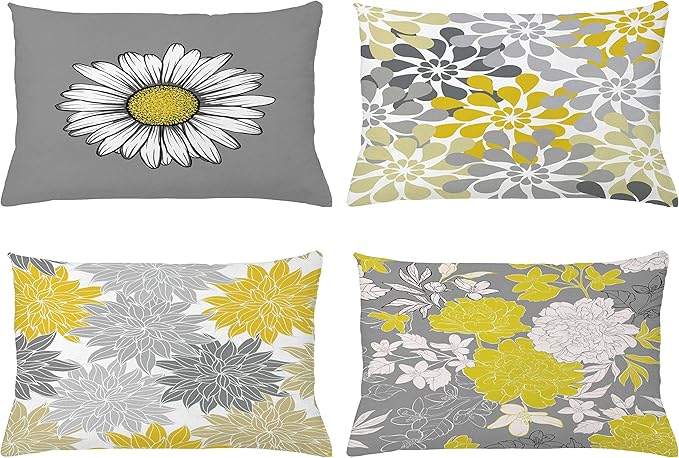 Ambesonne Floral Throw Pillow CushiCase Pack 4, Flower Petals Modern Color Palette Chamomile Peony Dahlia Sunflower Print, Modern Accent Double-Sided Digital Printing, 20" x 12", Yellow and Grey