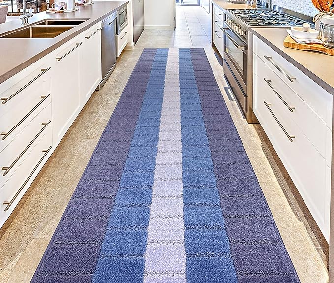 Custom Size Coastal Nautical Style Runner Rug Carpet for Hallway Entryway, Slip Resistant Latex Rubber Backed, 31 inch Wide X Customized Length, Squares Blue, 31 inch X 30 feet