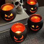 SHMILMH Halloween Table Centerpiece Candle Holders Set of 12, Black and Gold Glass Votive Holder with 6 Grimace, Tealight Holders Bulk for Halloween Party D?or