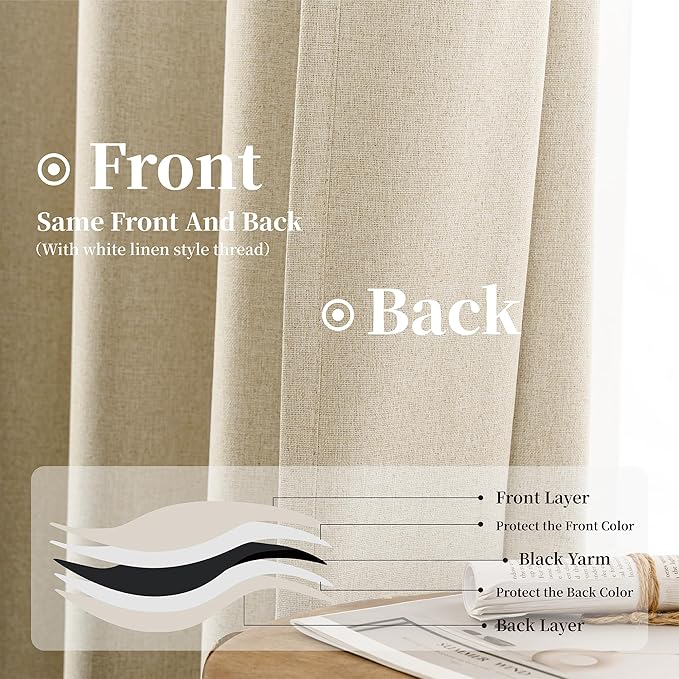 KangBang 72 Inch Wide Blackout Curtains 96 Inches Long, Faux Linen Sliding Door Curtains for Large Windows Modern Farmhouse Thermal Drapes for Living Room 2 Panels, Natural Beige