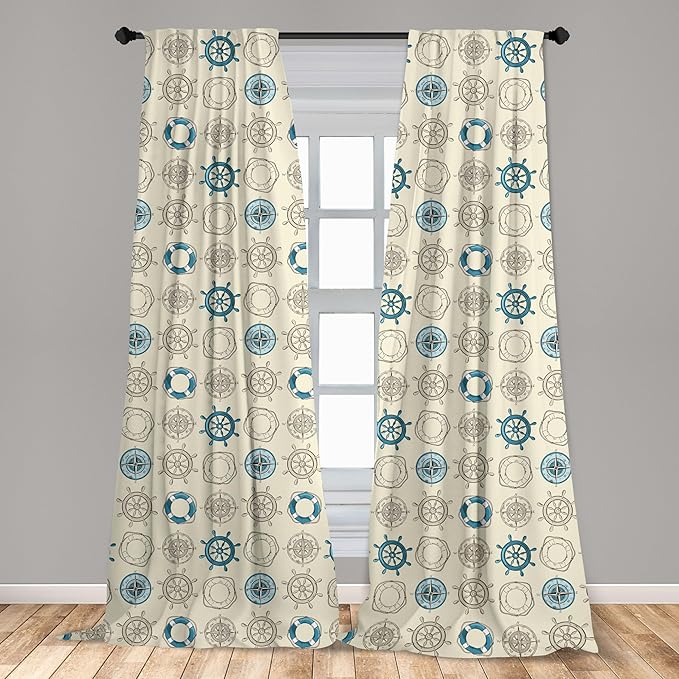 Ambesonne Compass Window Curtains, Marine Themed Doodle Art Vintage Inspirations Traveling Exploration Cruise Pattern, Lightweight Decor 2-Panel Set with Rod Pocket, Pair of - 28" x 95", Beige Teal