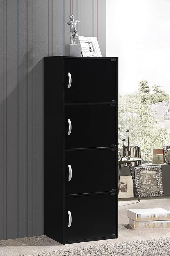 HODEDAH IMPORT 4-Shelf Bookcase Cabinet, Black