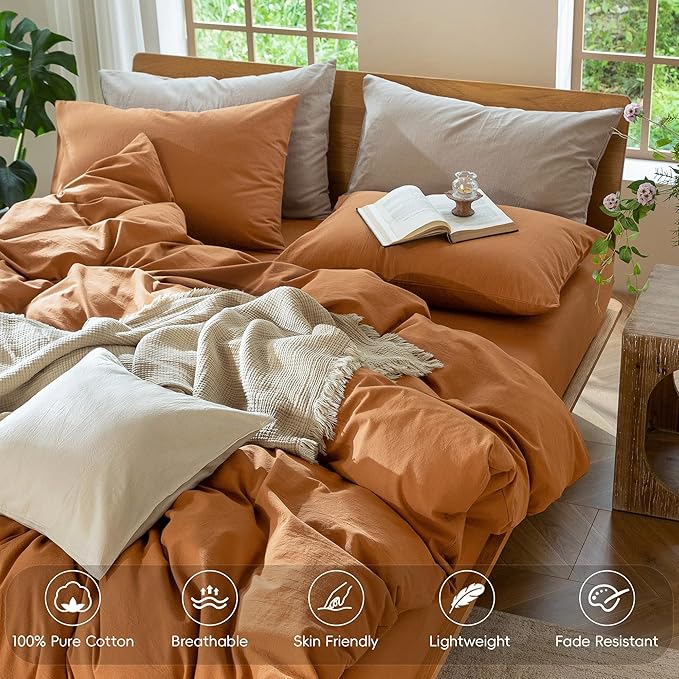 MooMee Bedding Duvet Cover Set 100% Washed Cotton Linen Like Textured Breathable Durable Soft Comfy (Solid Burnt Orange, Queen 90"x90")