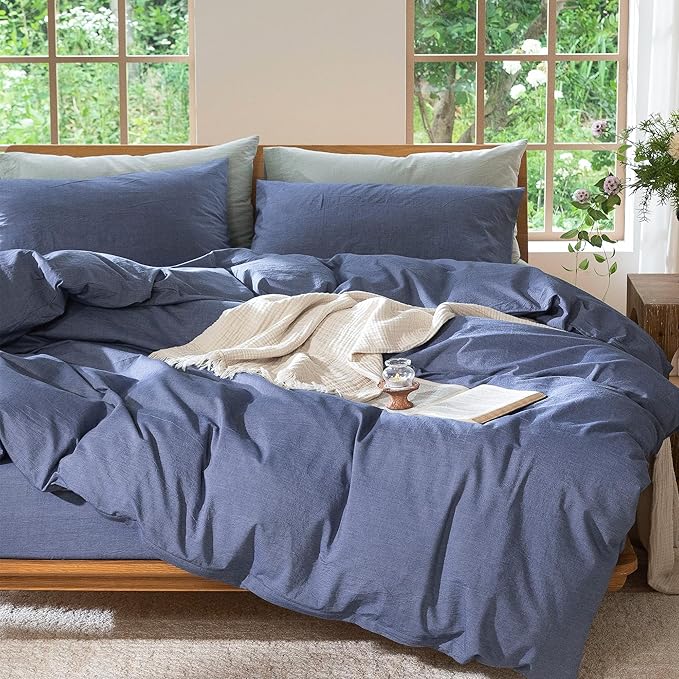 MooMee Bedding Duvet Cover Set 100% Washed Cotton Linen Like Textured Breathable Durable Soft Comfy (Heathered Blue, Oversized Queen 98"x98")