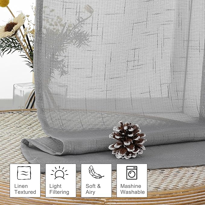 Aiyufeng Gray Sheer Curtains 54 Inch Length 2 Panel Set, Fresh Farmhouse 54 Inch Long Sheer Linen Look Airy & Lightweight Elegant Window Treatments for Bedroom/Living Room/Kitchen, 30Wx54L inch