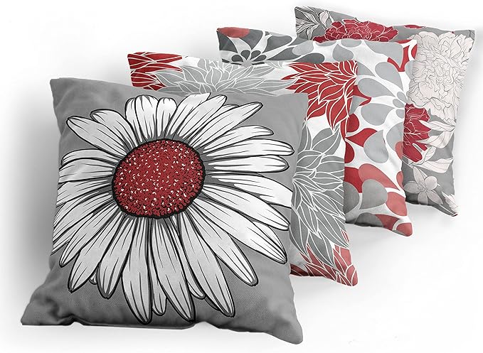 Ambesonne Floral Throw Pillow Cushion Case Pack of 4, Flower Petals Modern Color Palette Chamomile Peony Dahlia and Sunflower Print, Modern Accent Double-Sided Digital Printing, 16", Grey Dark Pink