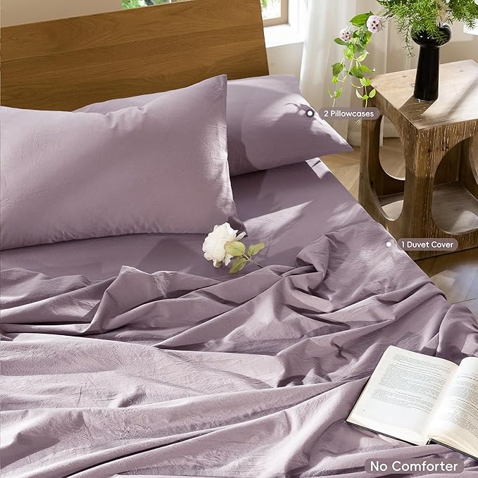 MooMee Bedding Duvet Cover Set 100% Washed Cotton Linen Like Textured Breathable Durable Soft Comfy (Solid Taro Purple, King 104"x90")