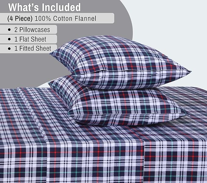 RUVANTI Flannel Sheets Queen Size - 100% Cotton Double Brushed Bed Sheets, Deep Pockets 16 Inches Queen Sheet Set, All Seasons Breathable & Extra Soft - Warm & Cozy, 4 Piece, Noel