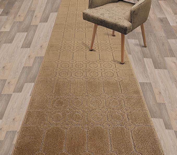 Custom Size Modern Abstract Floor Carpet Runner Rug for Hallways, Slip Resistant Latex Rubber Backed, 31 inch Wide X Customized Length, Art Gold Tan, 31 inch X 12 feet