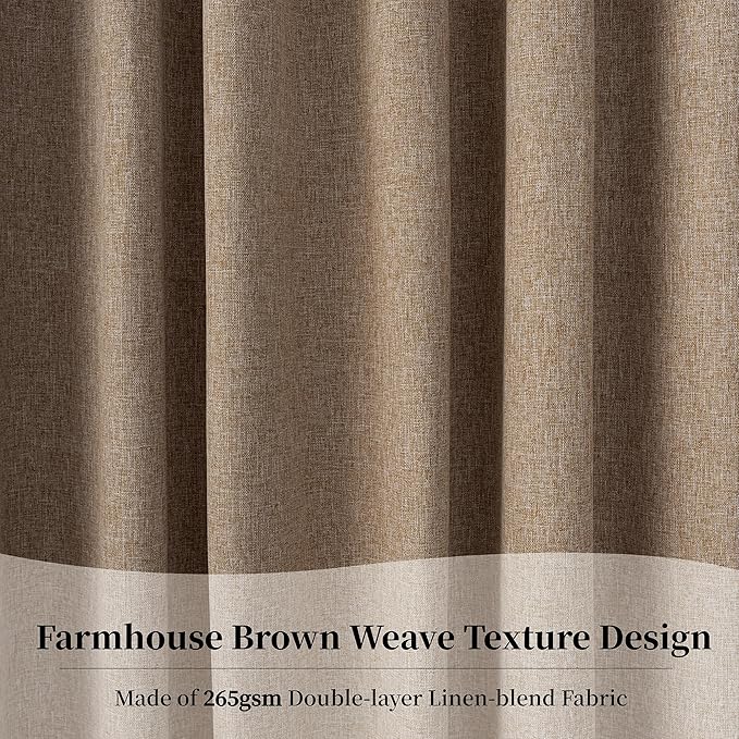 KangBang Linen Brown Blackout Curtains 96 Inches Long 2 Panel Set, Back Tab Thermal Insulated Curtains for Bedroom Living Room Hook Belt Rustic Drapes with Hooks for Track(Desert Biscuit, 52x96)