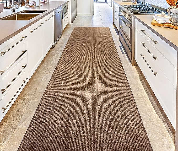 Custom Length Cut to Size Wide Width Carpet Runner Rug for Hallways, Slip Resistant Latex Rubber Backed, 31 inch Wide X Customized Length, Stripe Brown, 31 inch X 6 feet