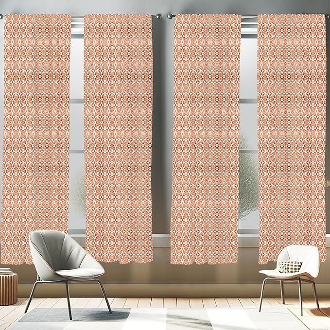 Ambesonne Scandinavian Window Curtains Pack of 2, Flower Like Motifs Folk Art in Tangerine Tones, Lightweight Set with Rod Pocket, 4 Panels of - 28" x 95", Sienna Sky