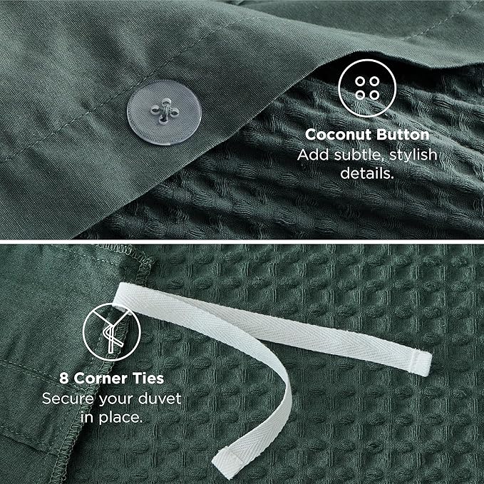 Bedsure Cotton Duvet Cover King - 100% Cotton Waffle Weave Forest Green Duvet Cover King Size, GentleSoft™ and Breathable Bedding Set for All Season, 3 Pieces, 104"x90"