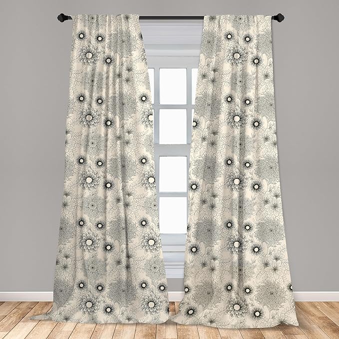 Ambesonne Dahlia Curtains, Vintage Style Garden Flower Sketches of Dahlia and Chrysanthemum Botany Theme, Window Treatments 2 Panel Set for Living Room Bedroom, Pair of - 28" x 63", Beige Black