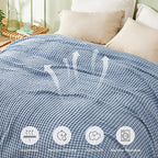 Bedsure Cooling Cotton Waffle Full Size Blanket - Lightweight Breathable Blanket of Rayon Derived from Bamboo for Hot Sleepers, Luxury Throws for Bed, Couch and Sofa, Fog Blue, 80x90 Inches
