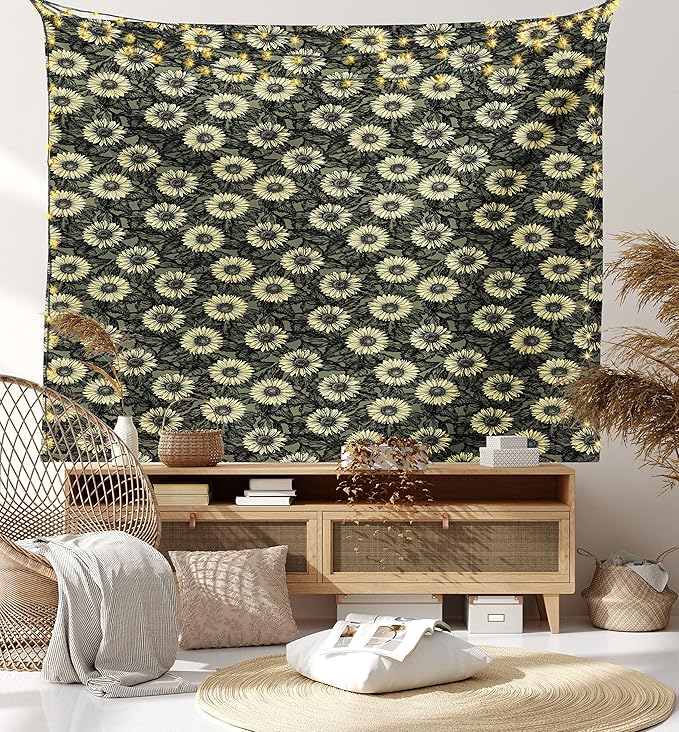 Lunarable Sunflower Tapestry Twin Size, Abstract Nature Inspired Illustration Bouquet Retro Composition, Wall Hanging Bedspread Bed Cover Wall Decor, Twin Size, Yellow Green