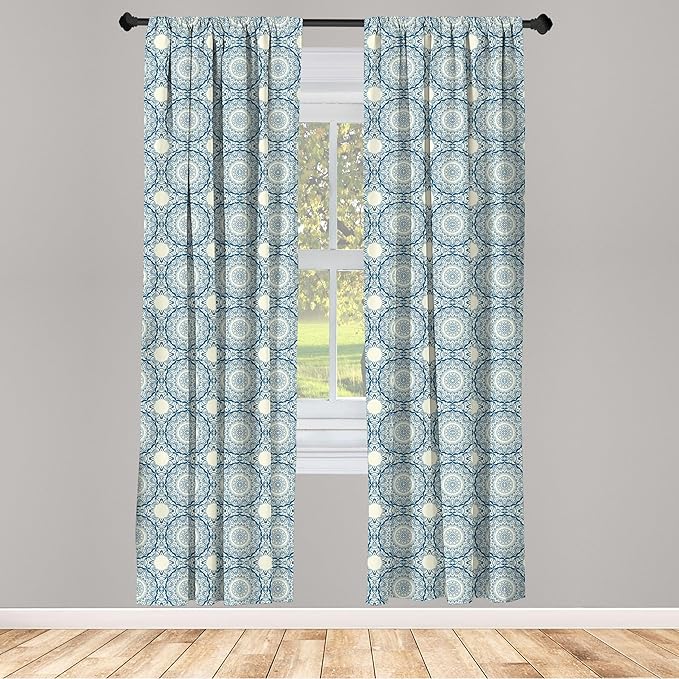 Ambesonne Circle Pattern Window Curtains, Wavy Bold Strokes Style Ornate Mandala Like Symmetrical Motif, Lightweight Decor 2-Panel Set with Rod Pocket, Pair of - 28" x 84", Petrol Blue Cream
