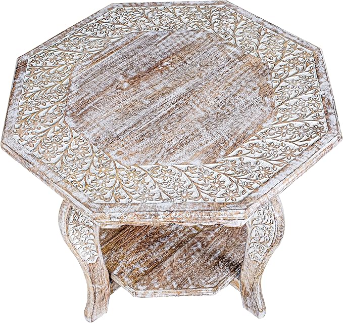 Hand Carved Wooden Octagon Coffee Table, 24"x24"x18" White wash Farmhouse Accent End Table, Rustic Foldable Side Table Nightstand for Bedroom, Dining Room & Living Room