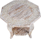 Hand Carved Wooden Octagon Coffee Table, 24"x24"x18" White wash Farmhouse Accent End Table, Rustic Foldable Side Table Nightstand for Bedroom, Dining Room & Living Room
