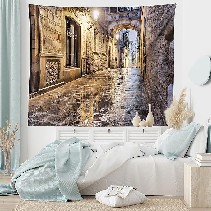 Lunarable City Tapestry, Narrow Street Gothic Design Architecture Carrer del Bisbe Barcelona Spain Europe, Wide Wall Hanging for Bedroom Living Room Dorm, 60" X 40", Tan Pale Brown
